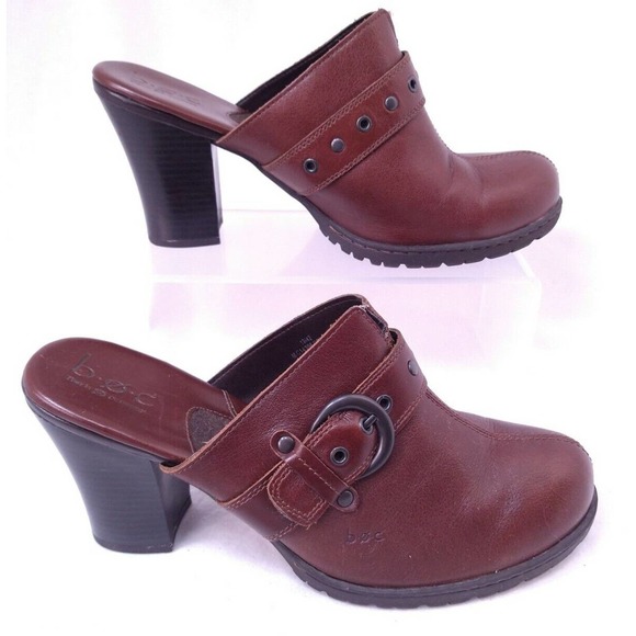 Børn Shoes - Born BOC Brown Leather Buckle Slip On Mules Heels Size 10 US